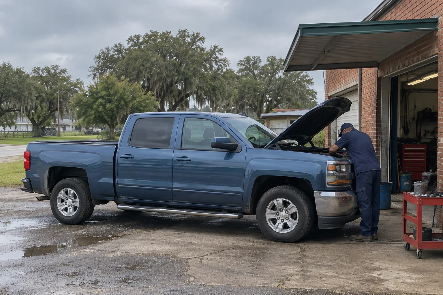 Generated illustration of a mobile mechanic working beside a parked vehicle in a Acadiana setting