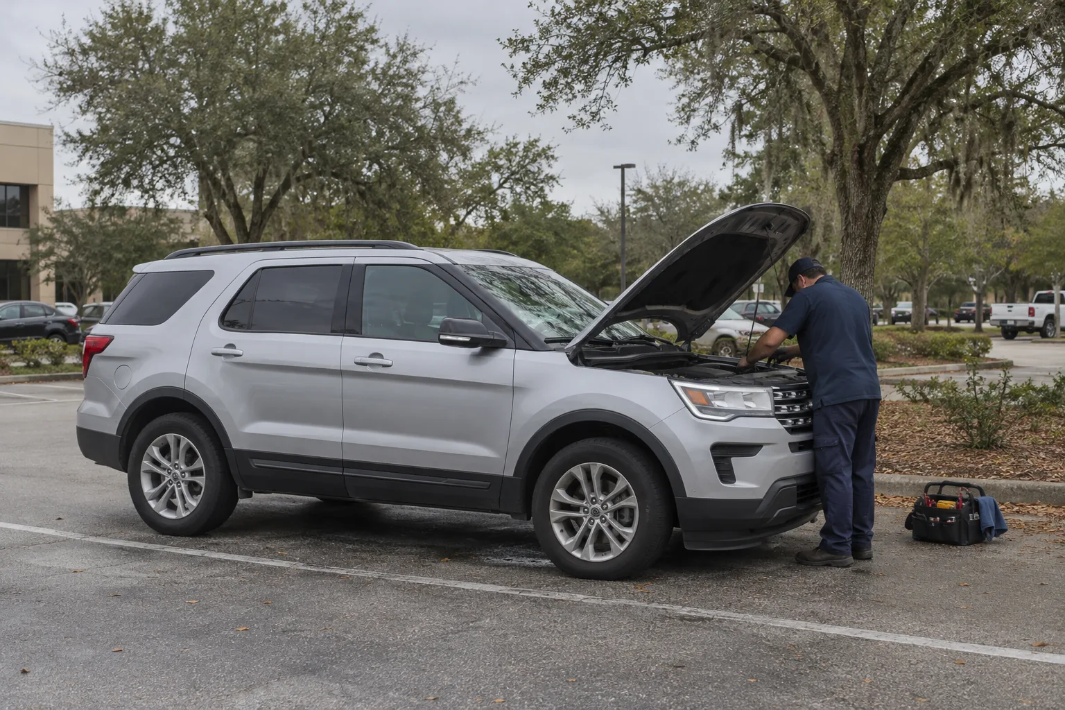 Generated illustration of a mobile mechanic working beside a parked vehicle in a the Northshore setting