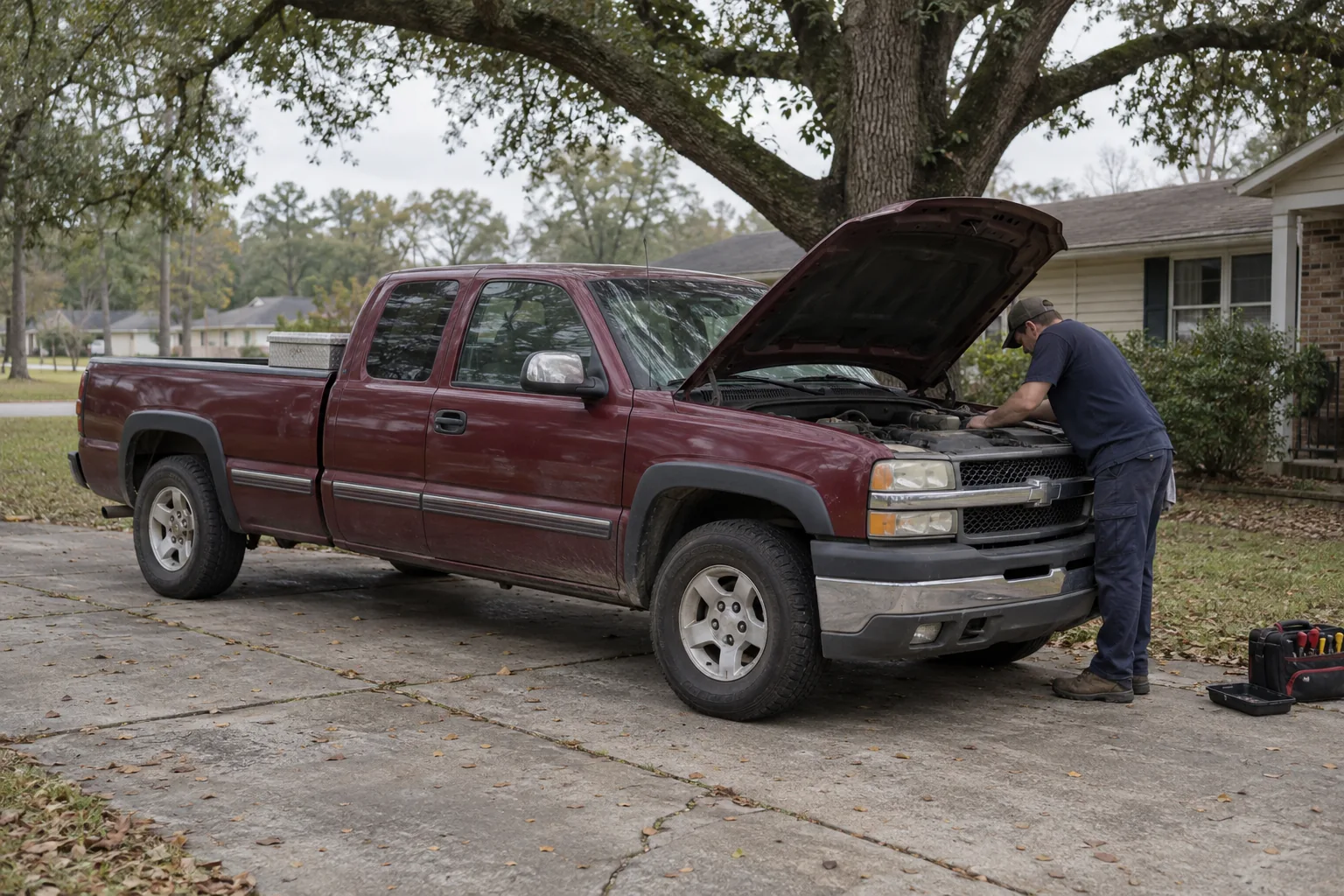 Generated illustration of a mobile mechanic working beside a parked vehicle in a our home area setting