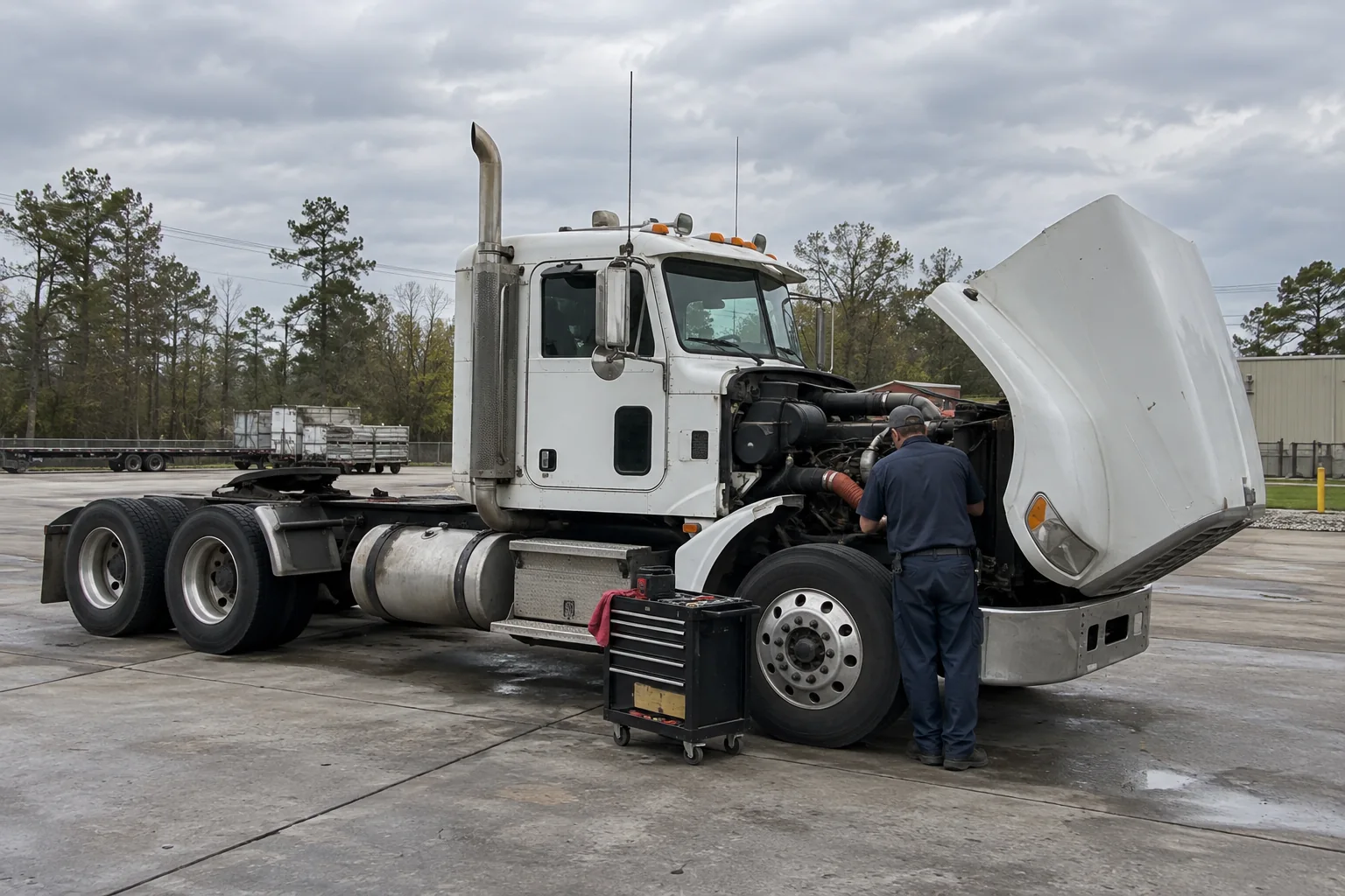 Generated illustration of a mobile mechanic working beside a parked vehicle in a eastern St. Tammany setting