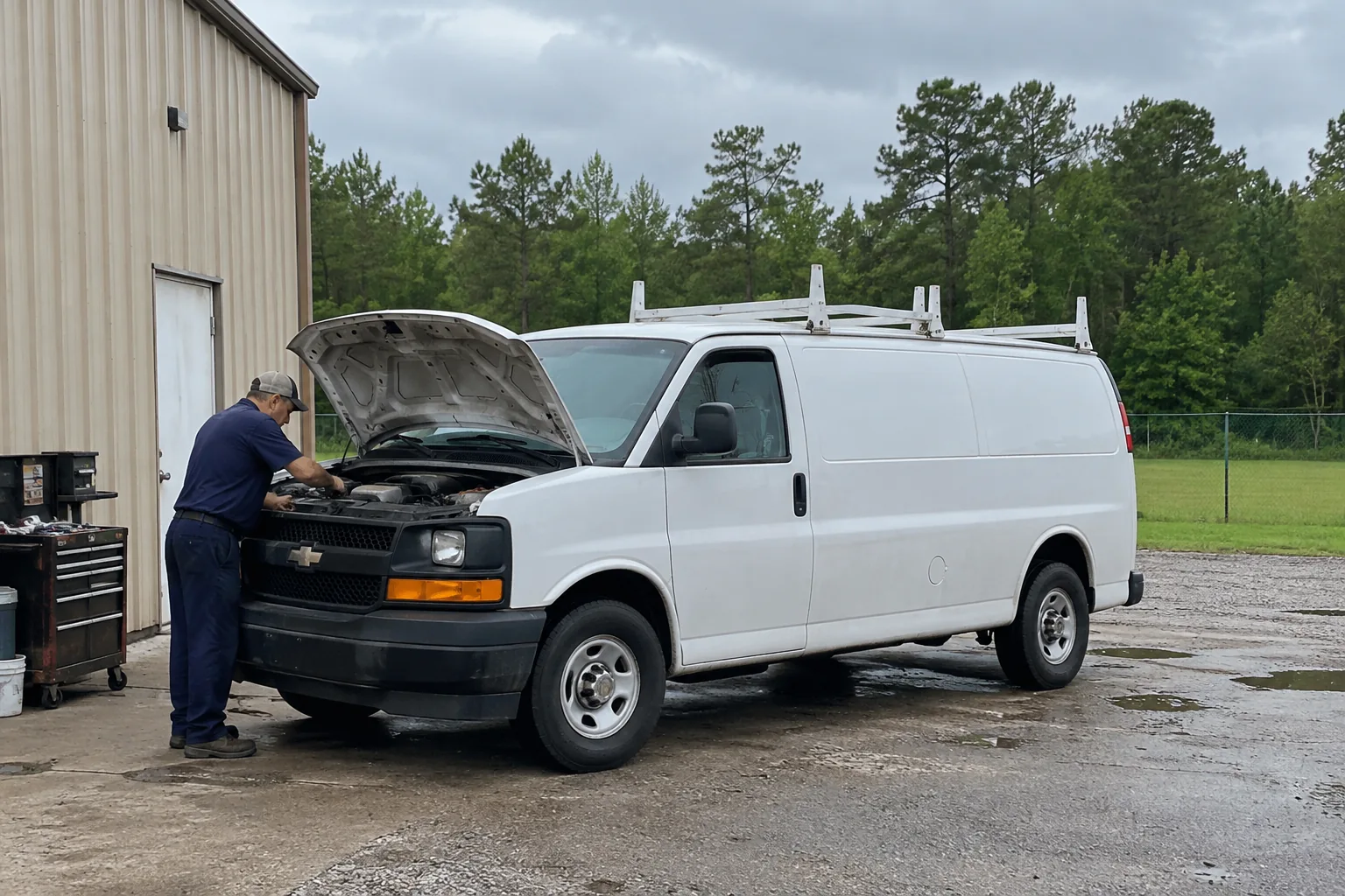 Generated illustration of a mobile mechanic working beside a parked vehicle in a Livingston Parish setting