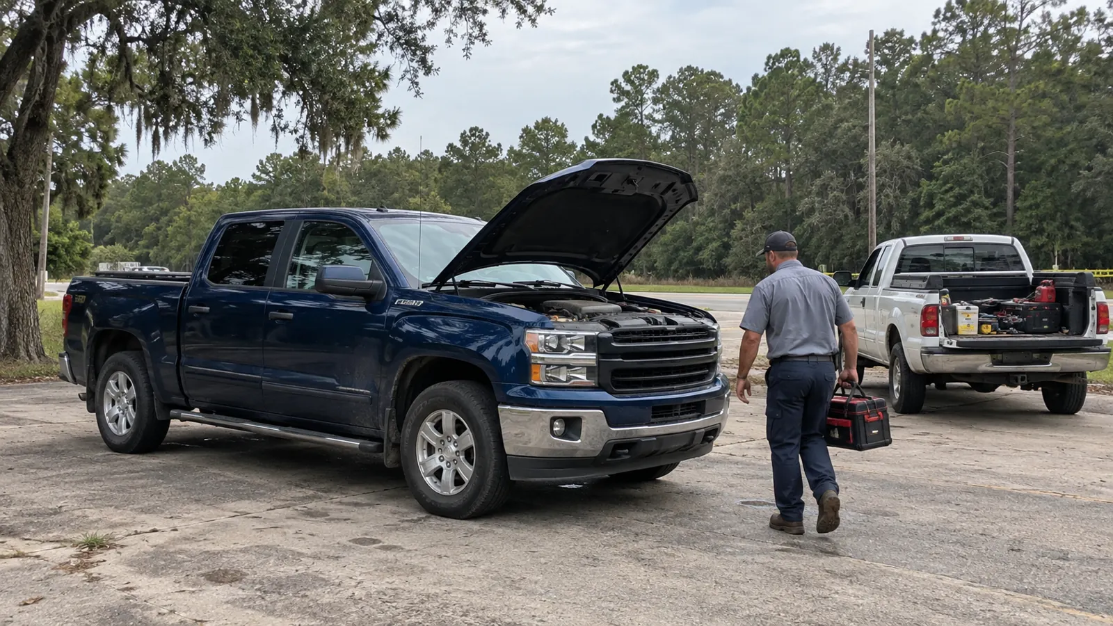 Illustration of 24/7 roadside mechanic assistance in a Louisiana mobile-service setting