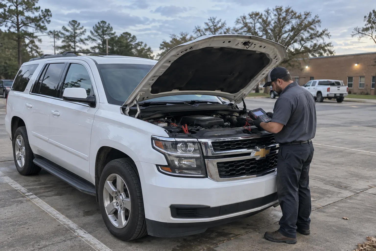 Illustration of mobile battery and alternator service in a Louisiana mobile-service setting